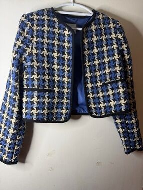 H&M Blue Houndstooth Cropped Blazer Jacket Small Preppy Chic